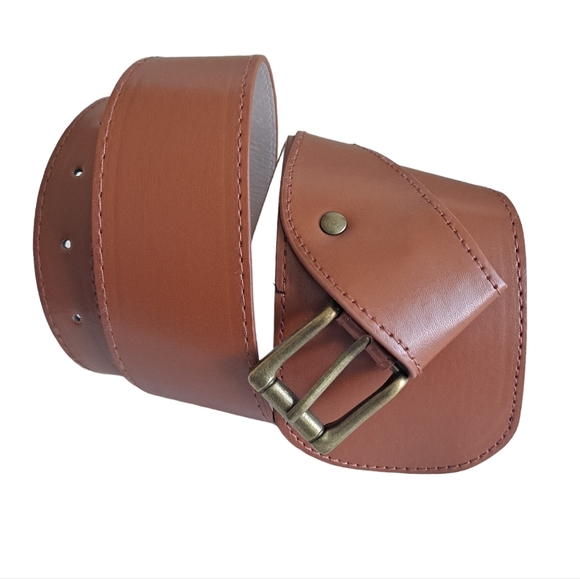 Asymmetrical Brown leather Western boho Gold buckle wide waist dress belt - Picture 13 of 14